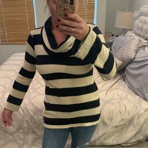 Cowl neck, cream/navy wool/cashmere sweater